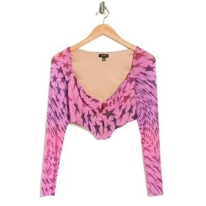 AFRM Crop Top Womens XS Abstract‎ Pink Star Print Mesh Long Sleeve Festival Boho